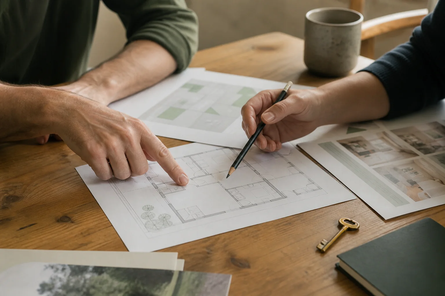 Consulta inmobiliaria ficticia revisando un plano, imagen de demostración