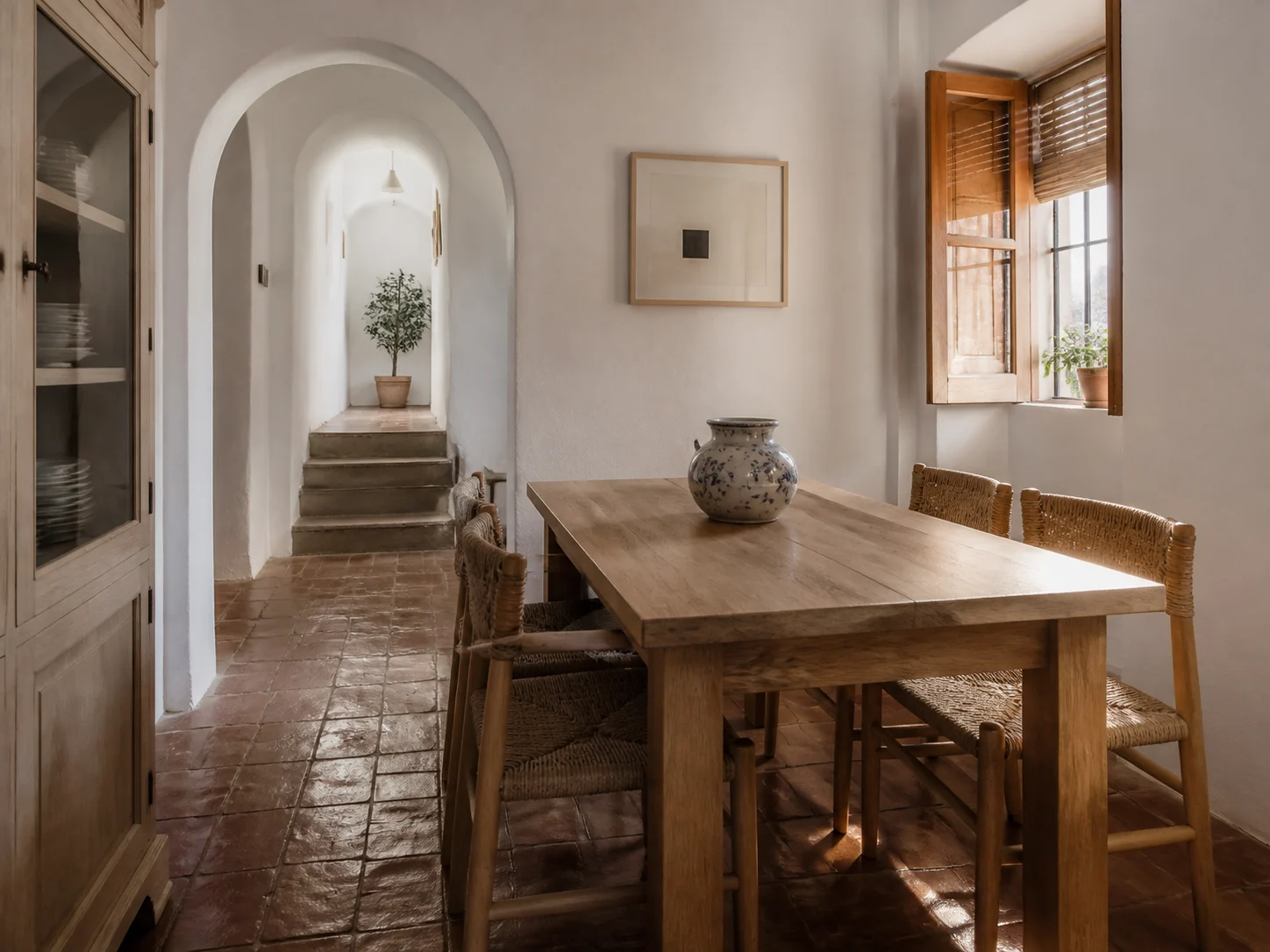 Comedor ficticio de una casa tradicional con arco y suelo de barro, imagen de demostración