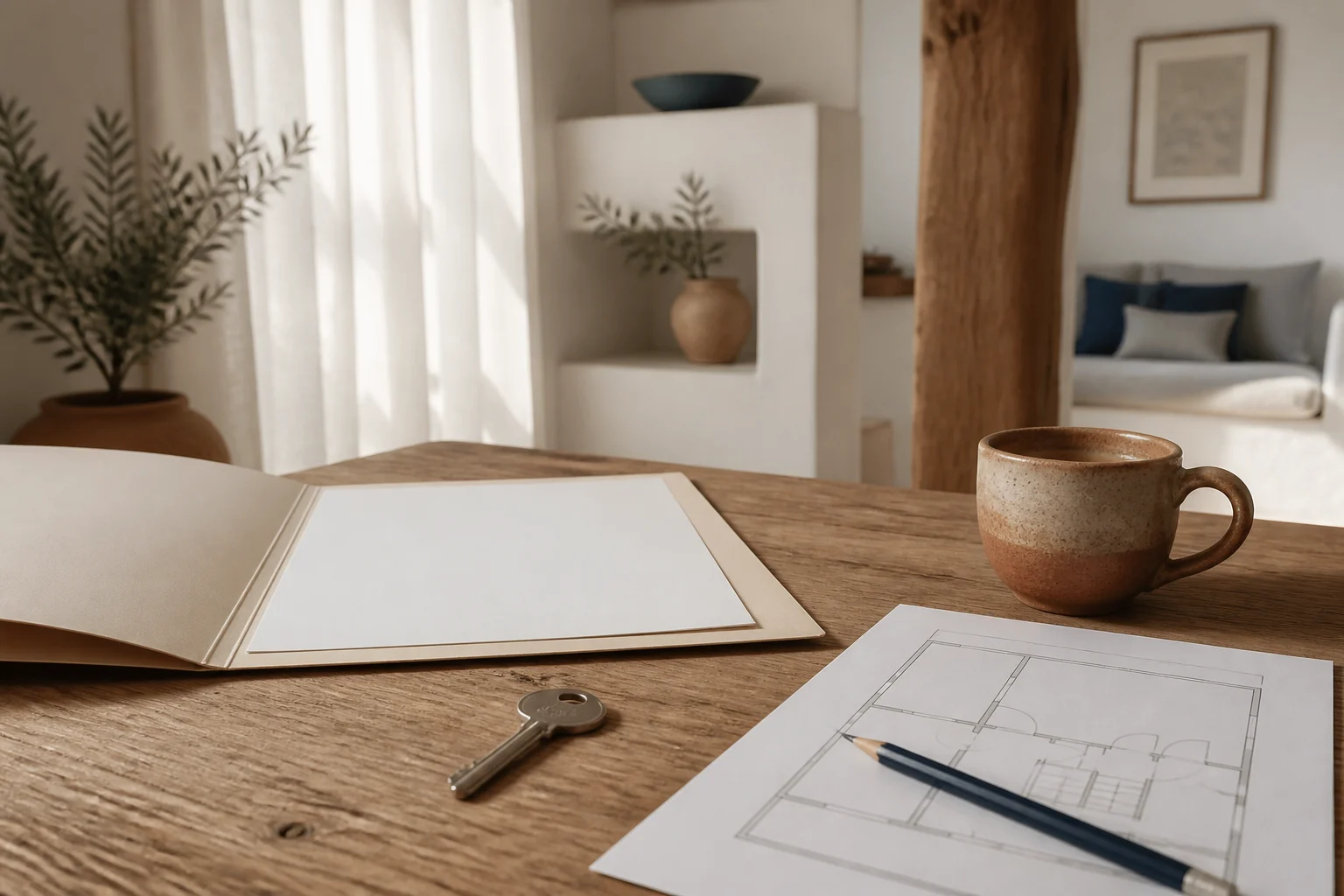 Carpeta, llave y plano ficticios preparados para ordenar la información de una vivienda