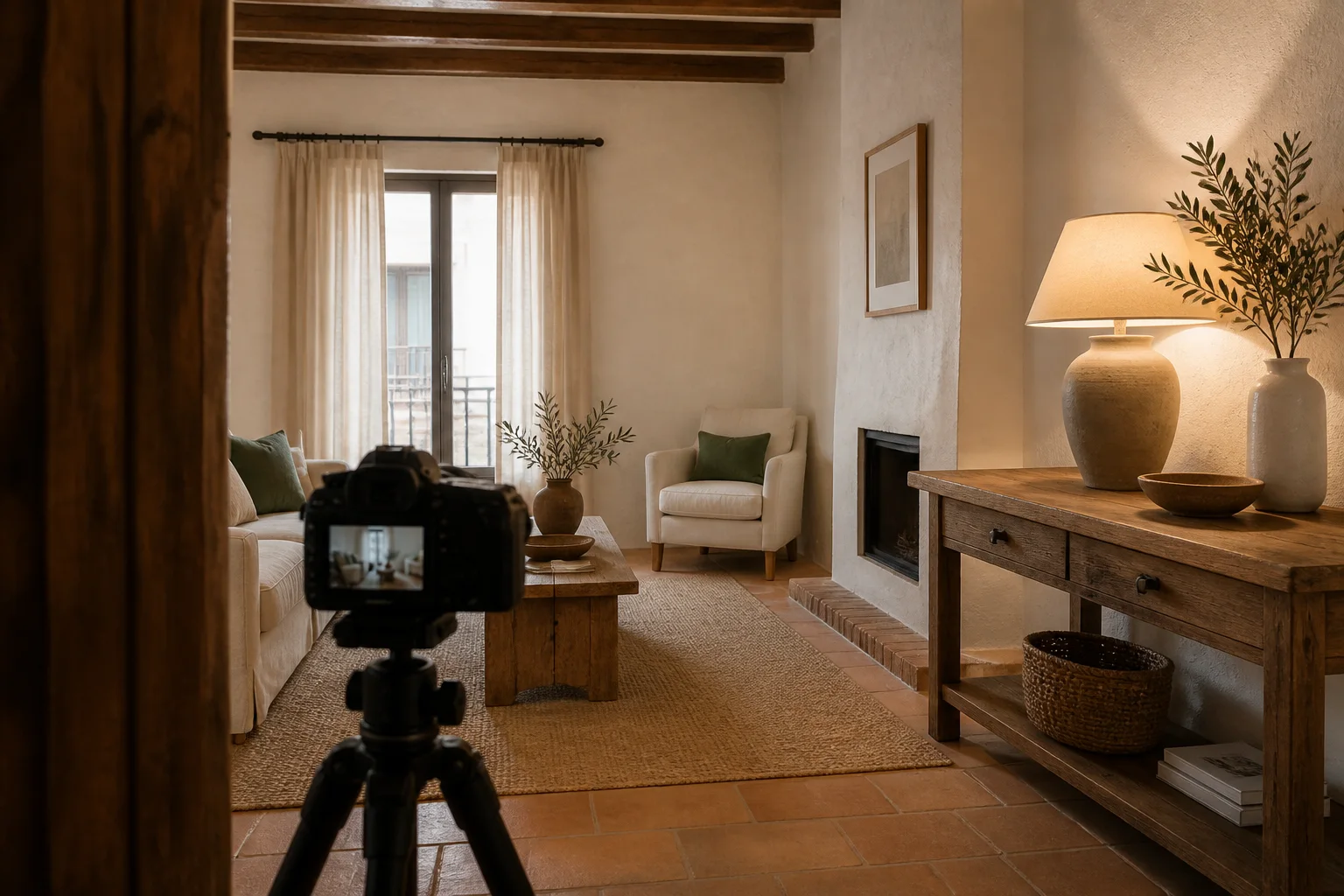 Salón ficticio preparado para una sesión fotográfica inmobiliaria