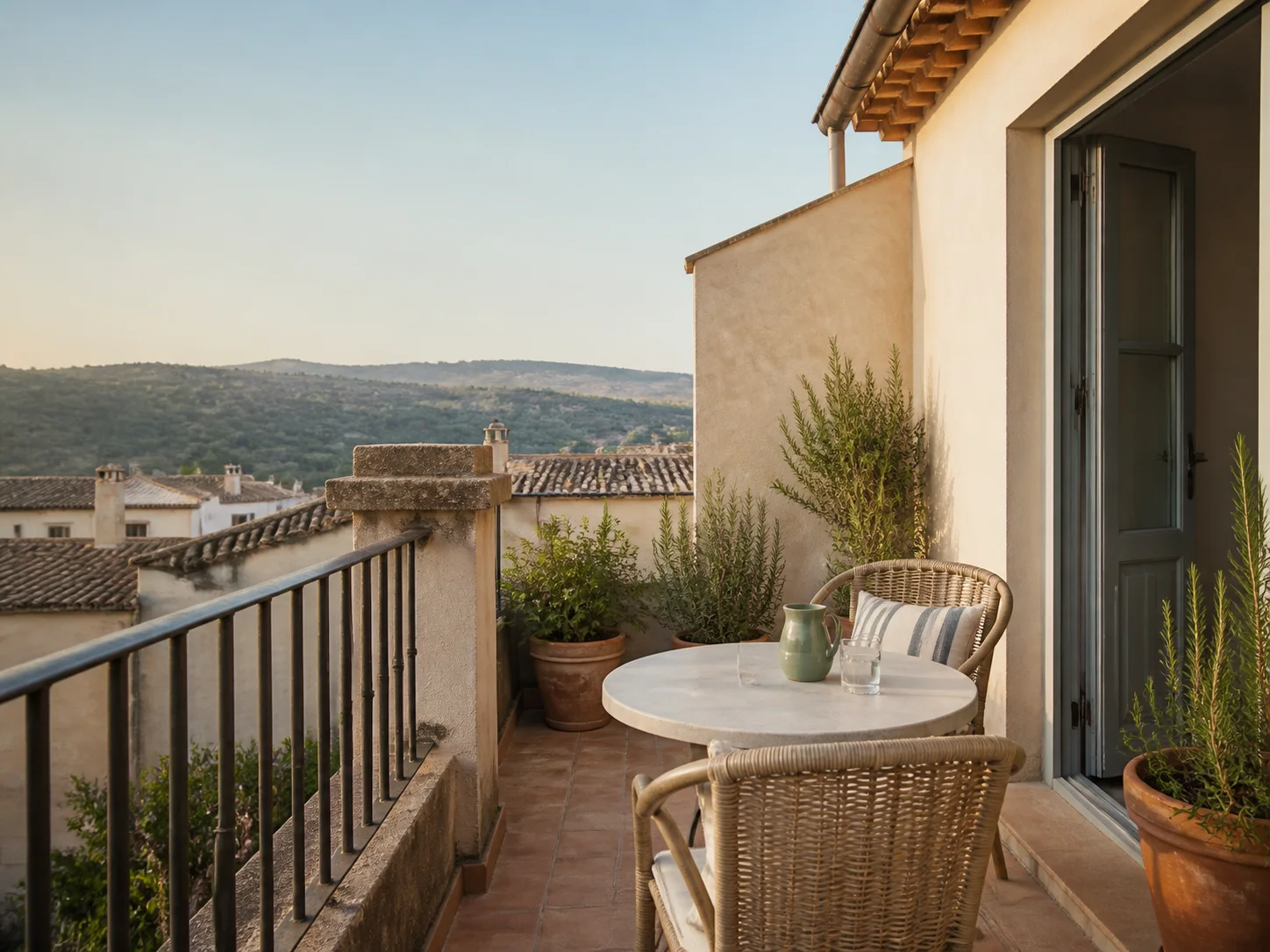 Terraza ficticia con vistas a tejados y paisaje interior, imagen de demostración
